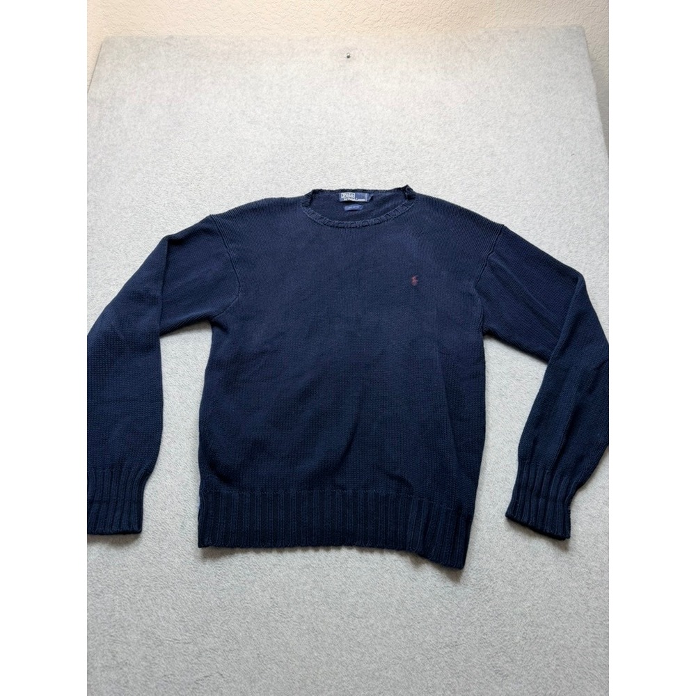 Polo Ralph Lauren Mens Navy Blue Cotton Knit Crewneck Sweater Red Pony Logo M